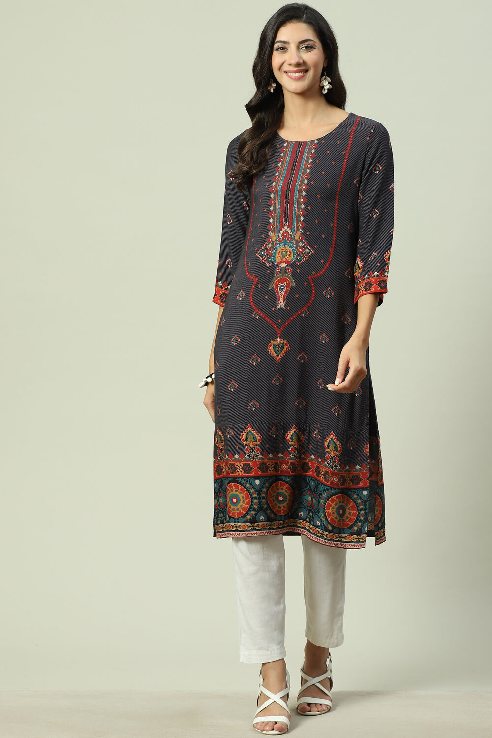 Black LIVA Straight Printed Kurta image number 0