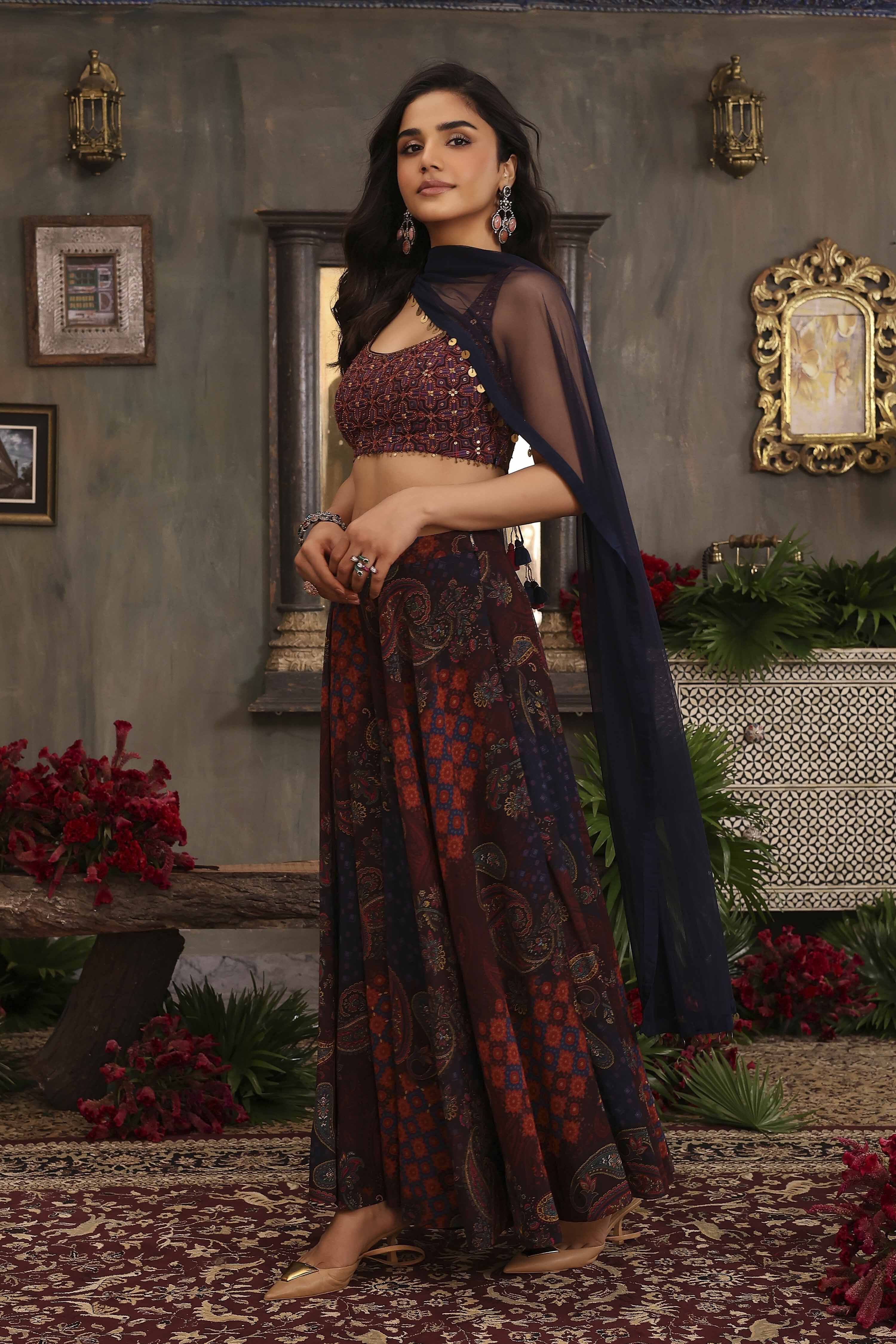 Navy Blue Poly Georgette Fusion Sharara Set image number 3