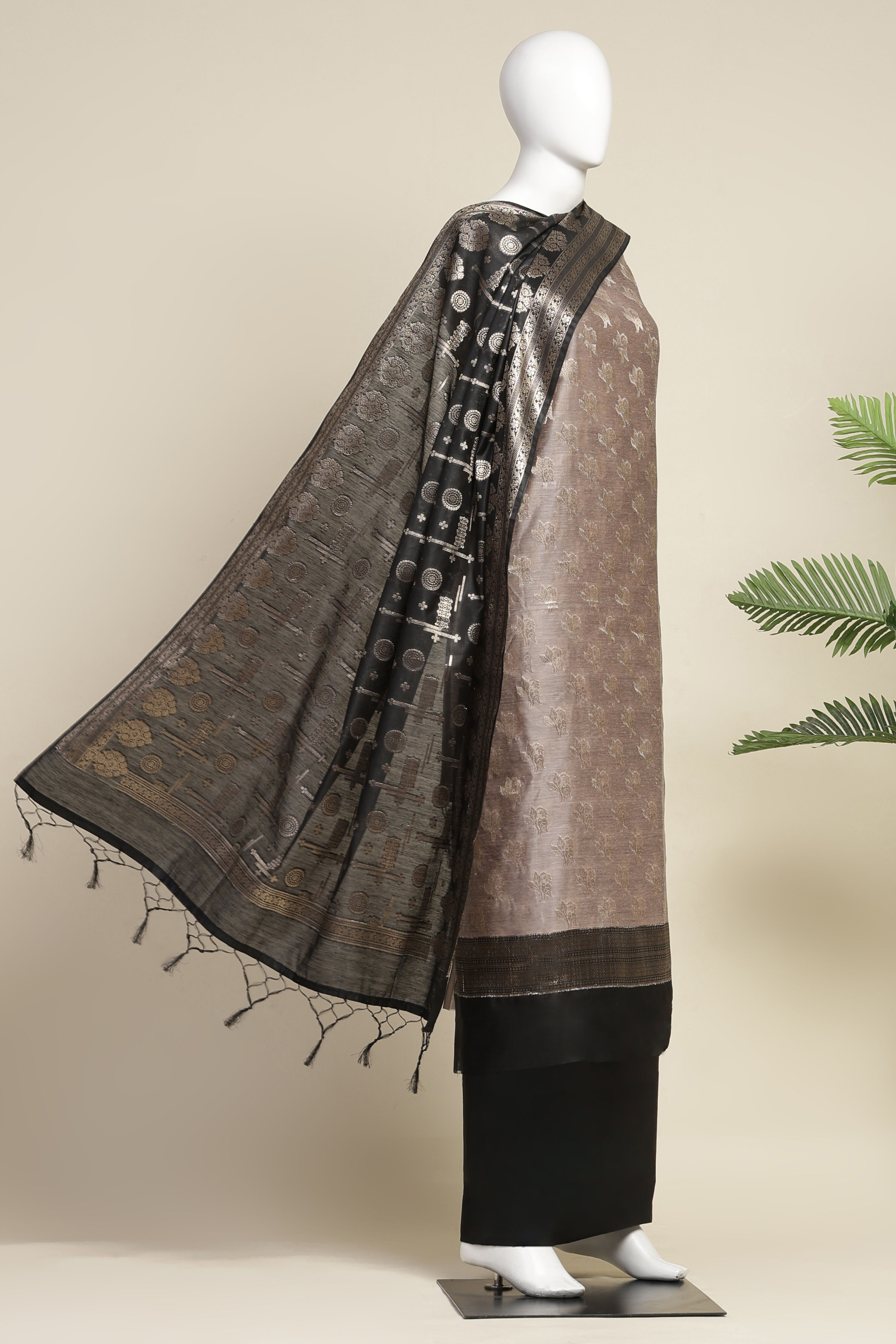 Wine Poly Silk Banarasi Unstitched Suit Set image number 4