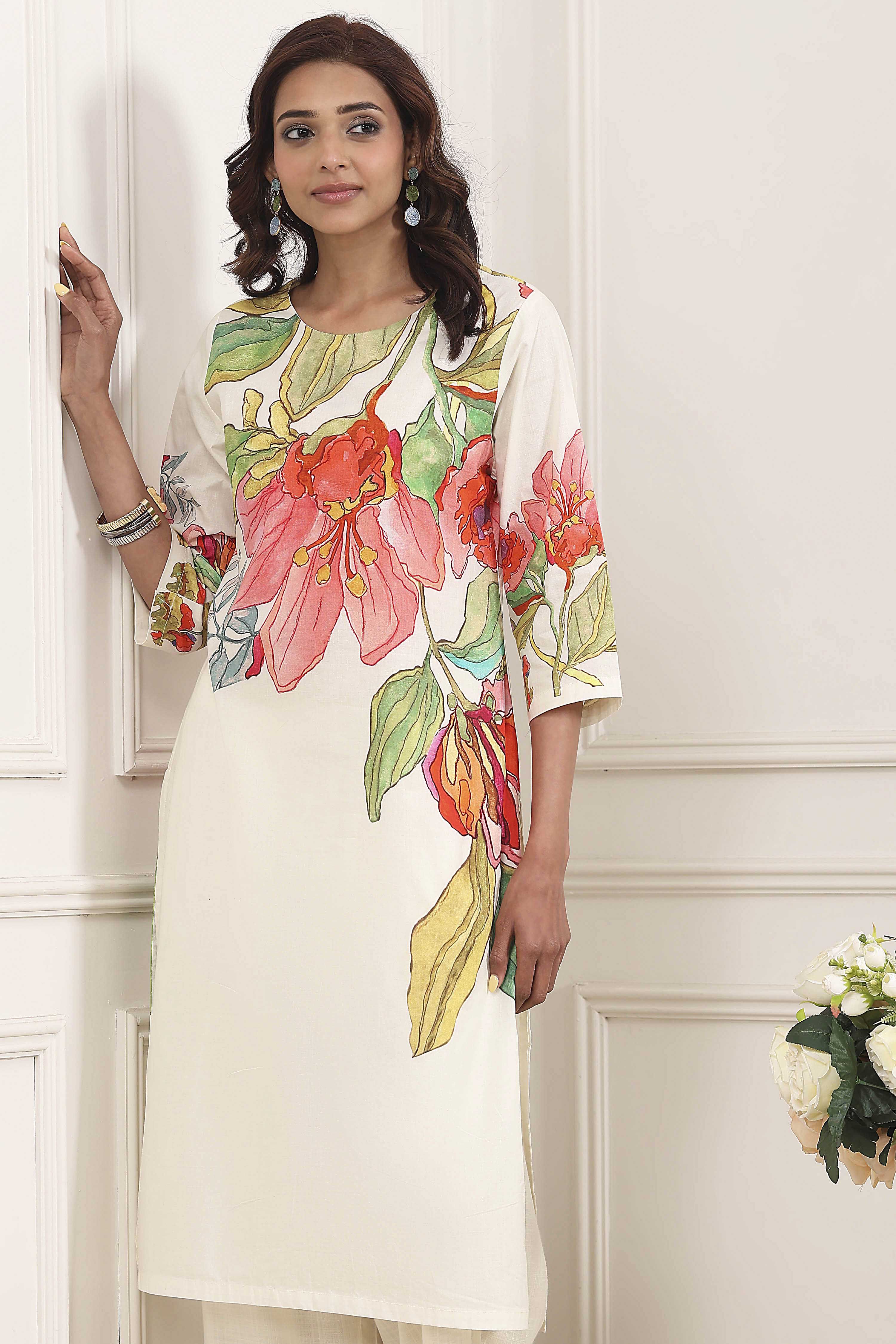 Beige Cotton Floral Printed Straight Kurta Set image number 7