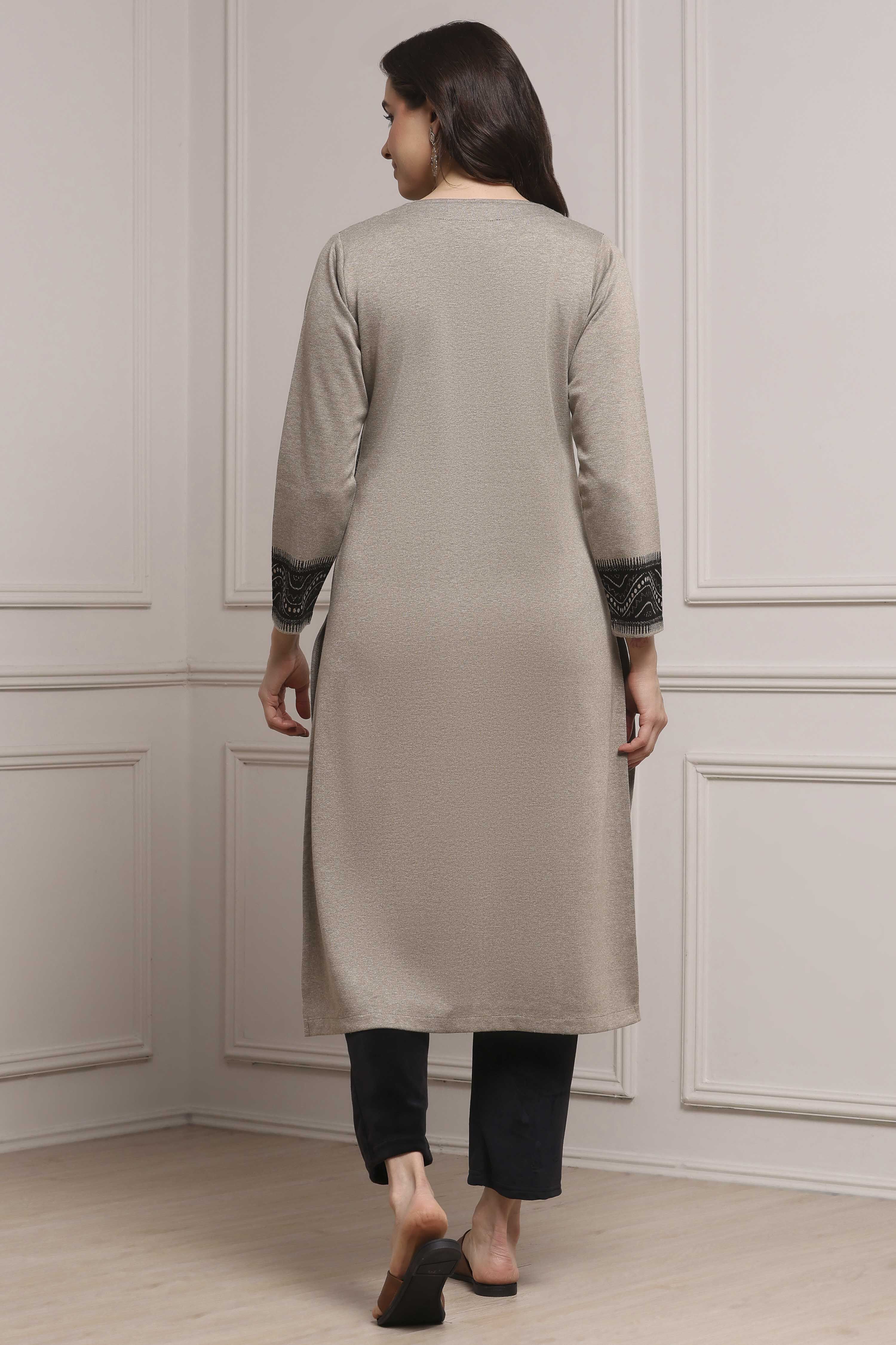 Beige Polyester Straight Yarndyed Kurta image number 3