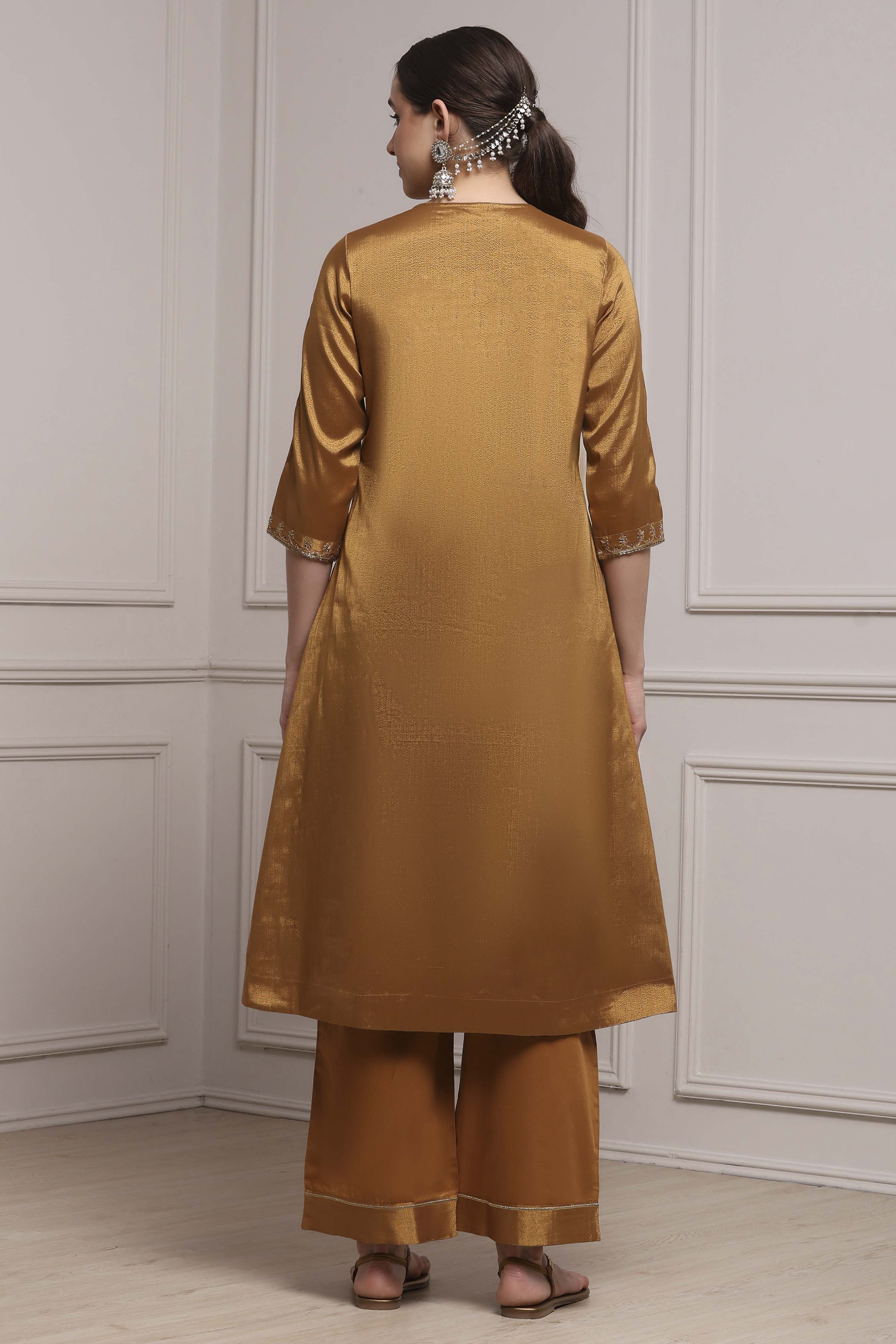Copper Gold Cotton Tissue Embroidered Gathered Suit Set image number 4