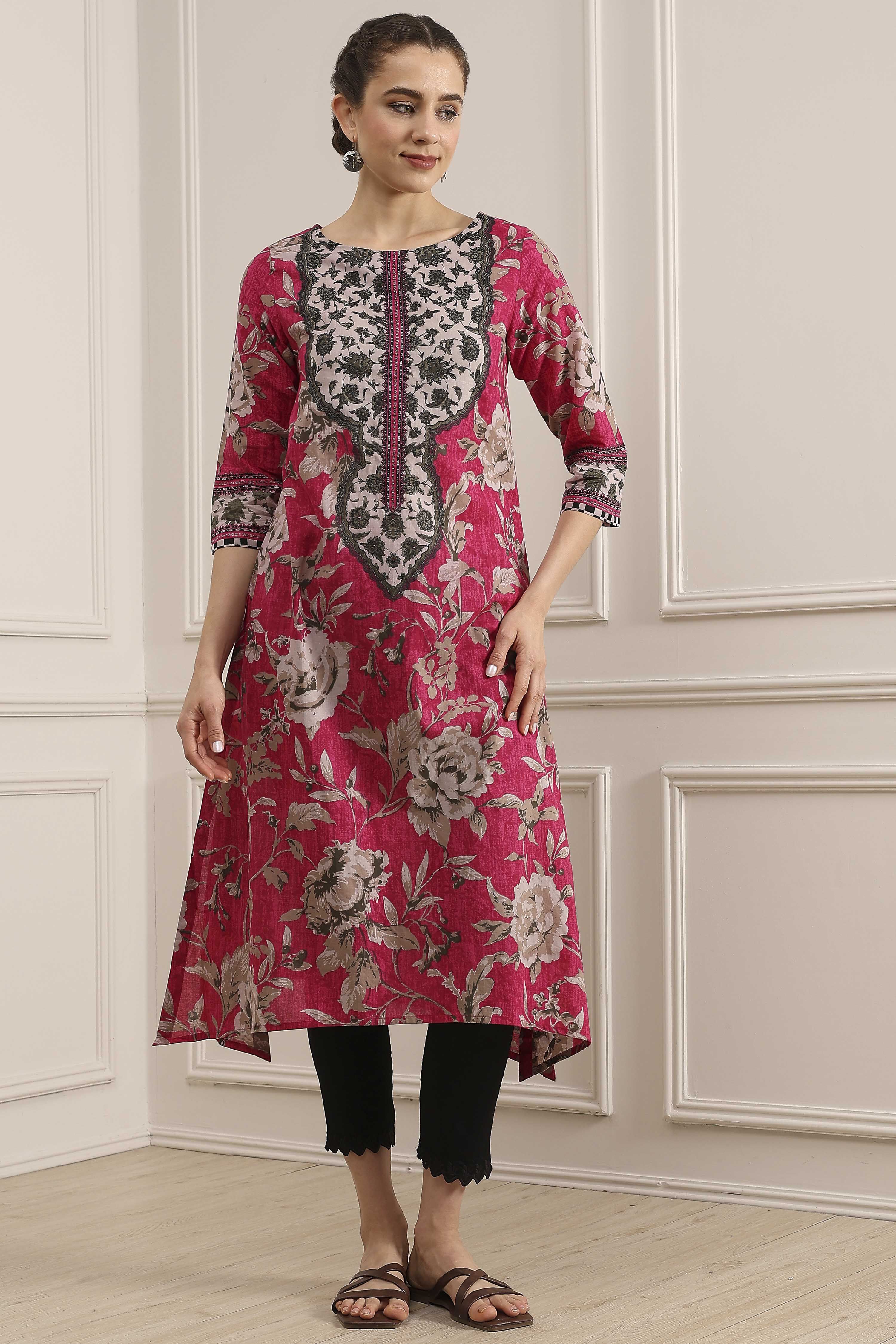 Pink Cotton Printed Straight Kurta image number 5