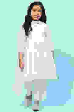 White Cotton Viscose Khadi Print Gathered Suit Set image number 7