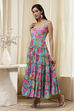 Turquoise Cotton Floral Printed Tiered Dress image number 6