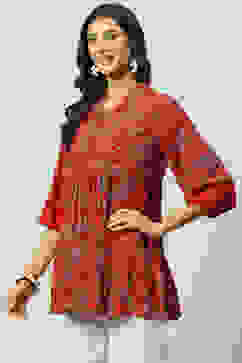 Red Rayon Flared Printed Kurti image number 2