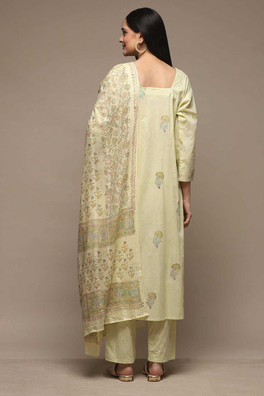 Green Cotton Hand Block Print Unstitched Suit Set image number 6