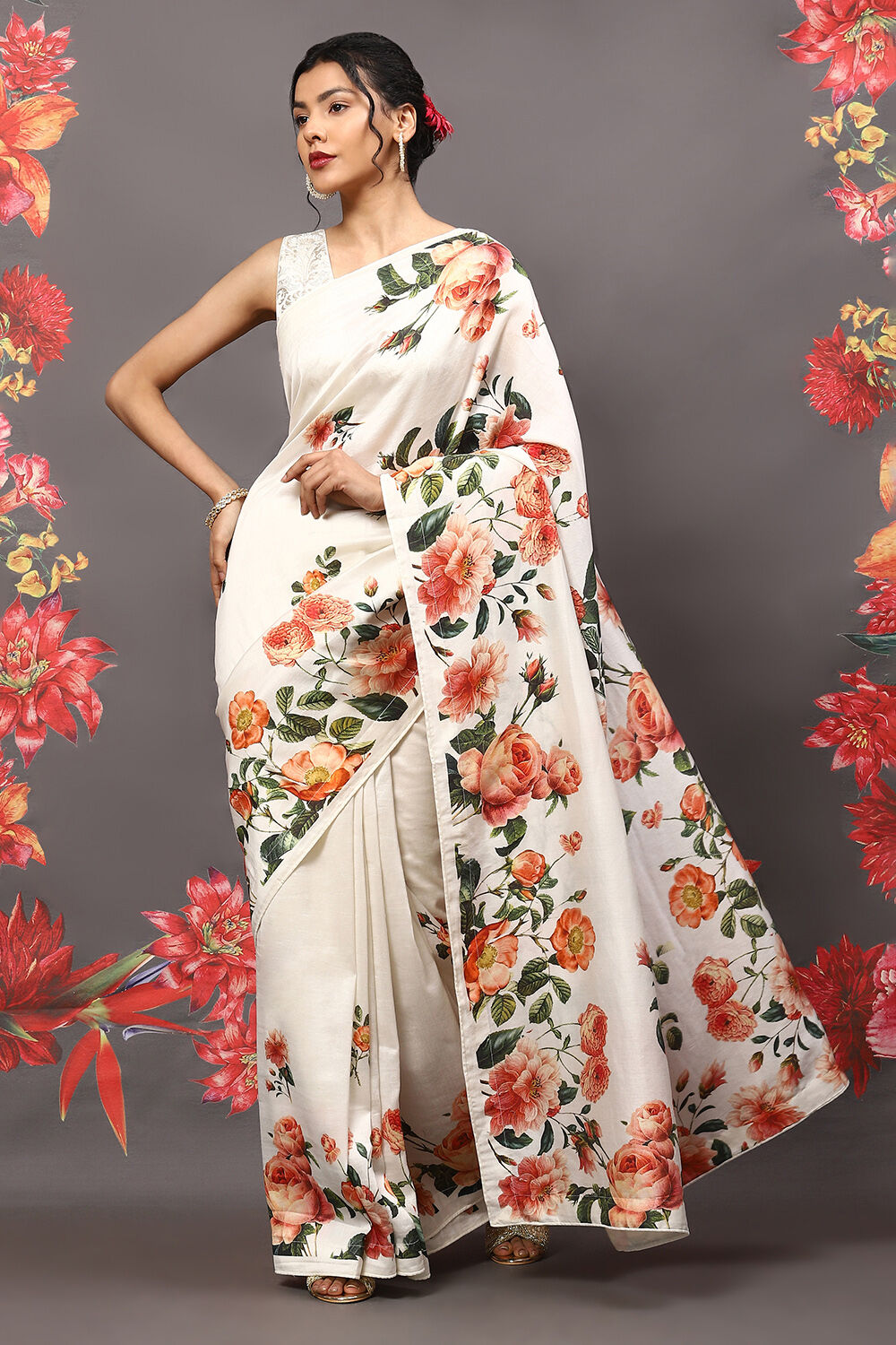 Off White Cotton Blend Saree image number 0