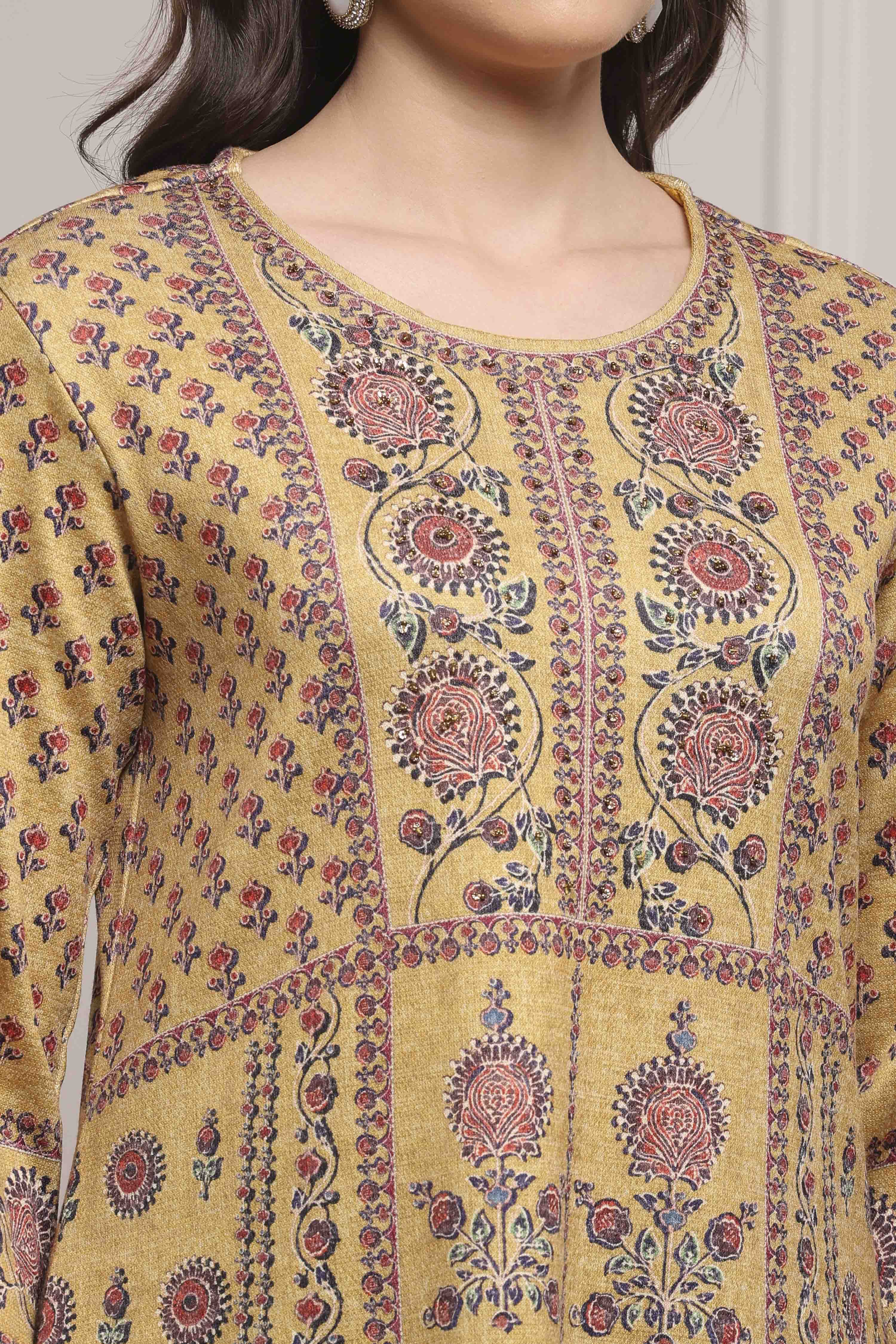 Mustard Yellow Blended Printed Kurta image number 1