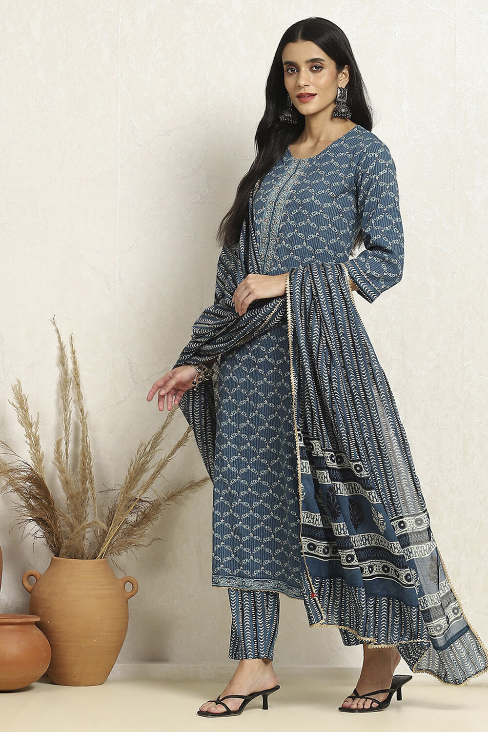 Blue Cotton Printed Unstitched Suit Set image number 4