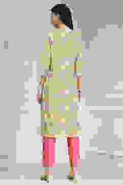 Yellow Cotton Blend Printed Straight Kurta image number 3