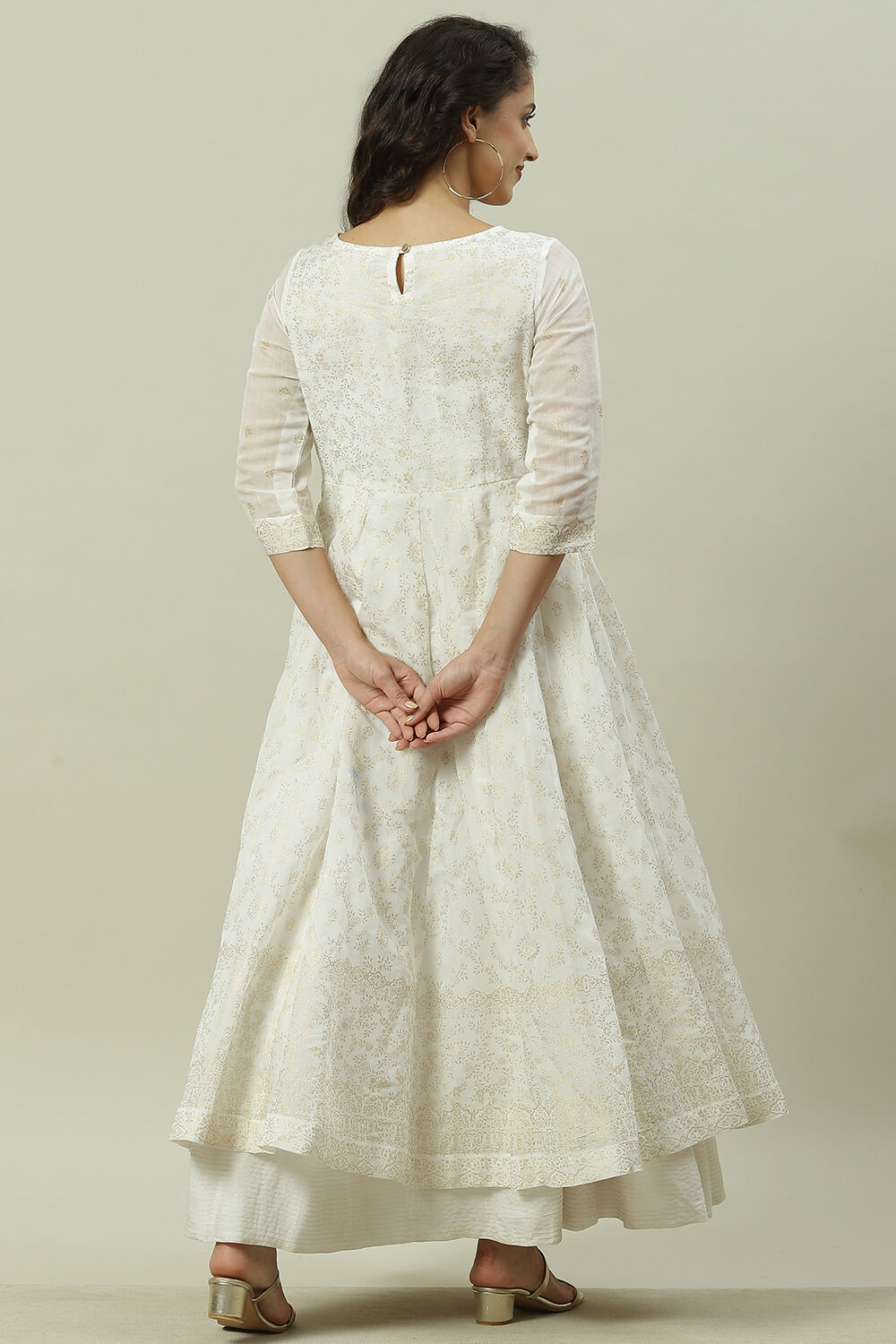 Off White Art Silk Anarkali Printed Dress image number 4