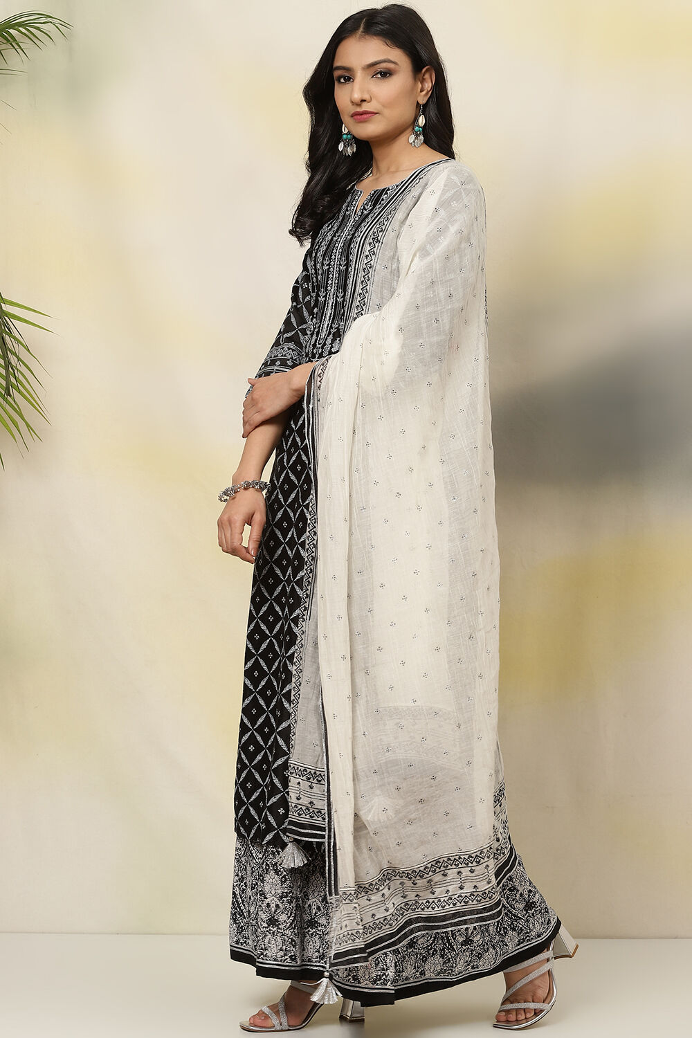 Black Straight Art Silk Kurta Sharara Suit Set image number 5
