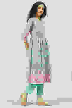 Green & Turquoise Printed Cotton Gathered Suit Set image number 5