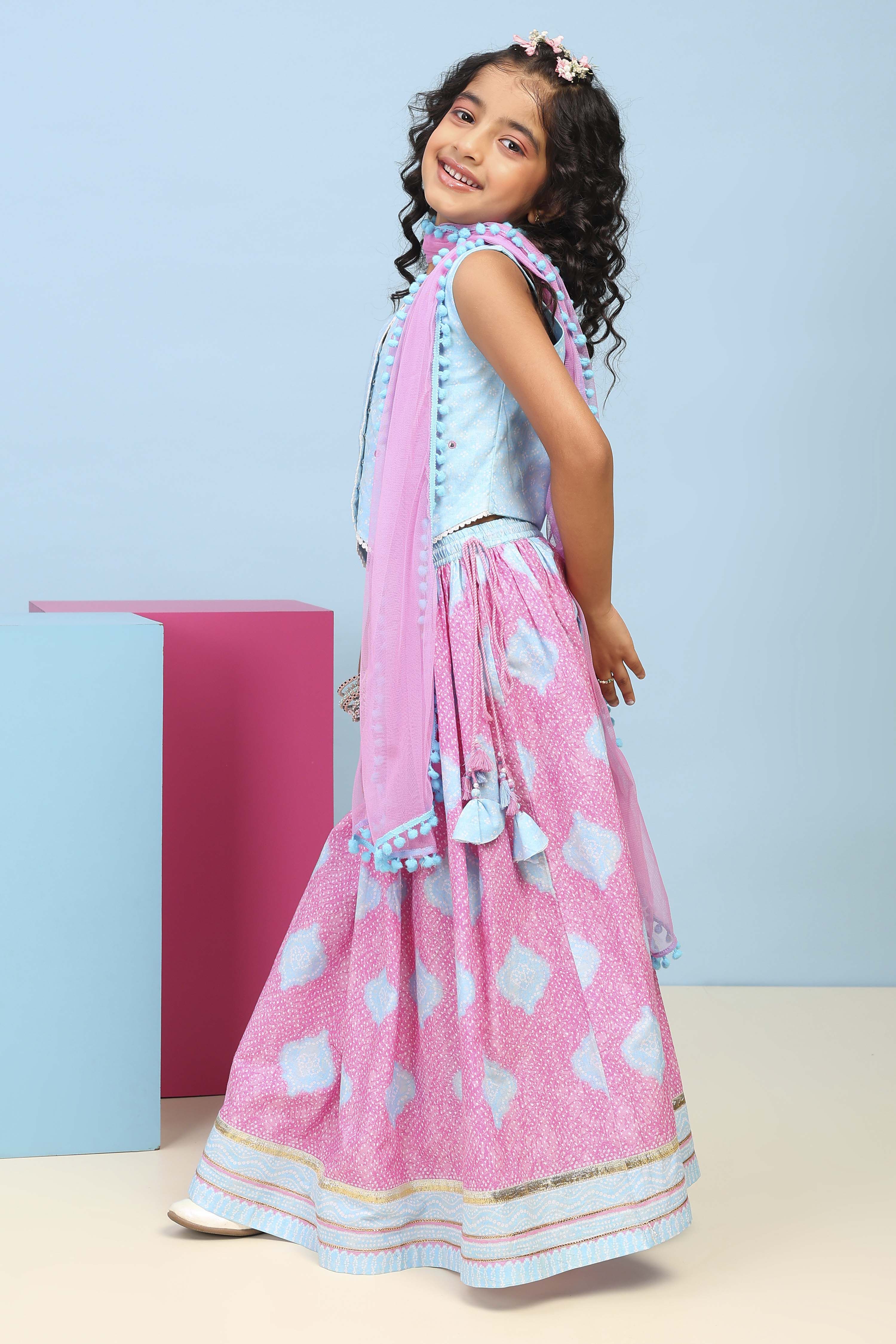 Blue Cotton Printed Straight Lehenga Set image number 3