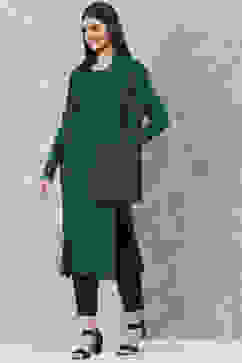 Teal Acrylic Straight Scarf Set Yarndyed Kurta image number 3