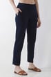 Navy Blue Solid Cotton Lycra Straight Pants image number 3
