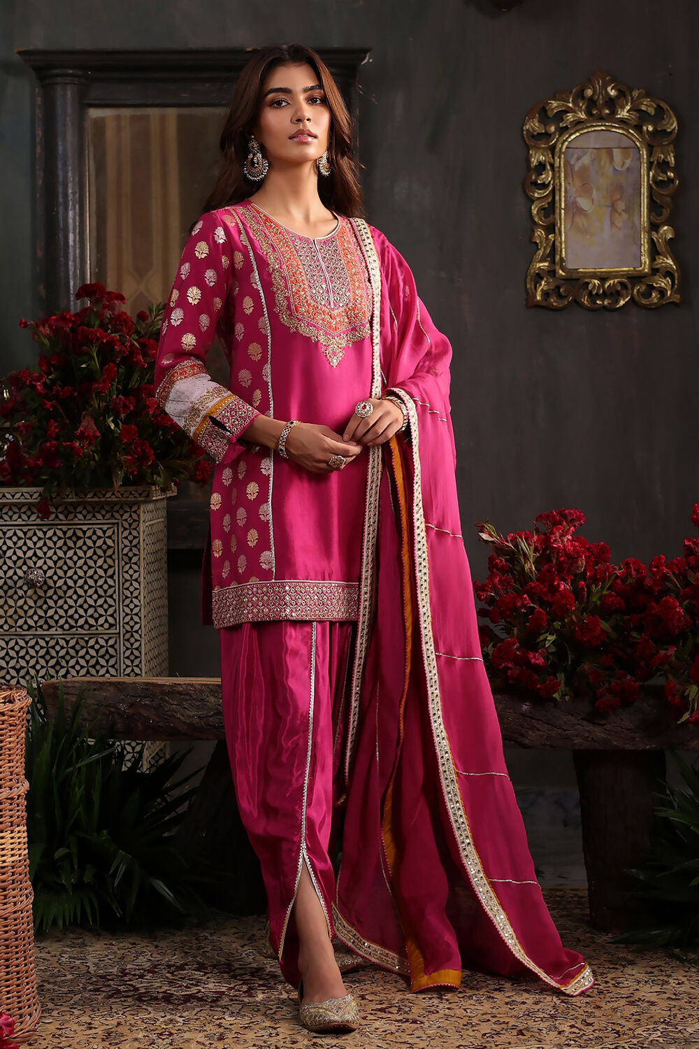 Earthy Blue Chanderi Jacquard Dori Embroidery Straight Suit Set image number 6