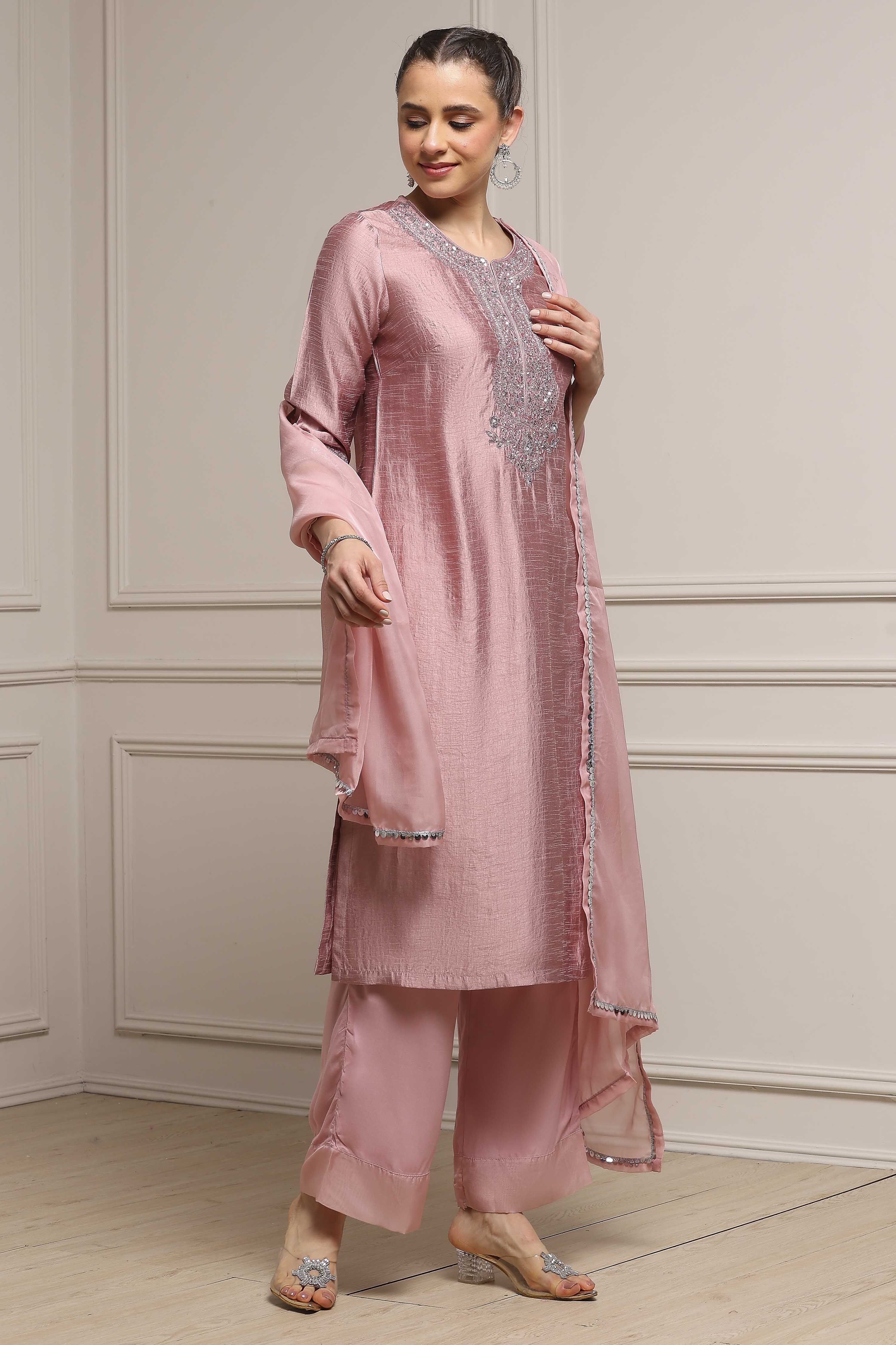 Light Green Art Silk Embroidered Straight Suit Set image number 5