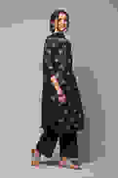 Navy Art Silk Straight Kurta Palazzo Suit Set image number 6