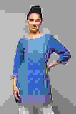 Royal Blue LIVA Straight Printed Kurti image number 5