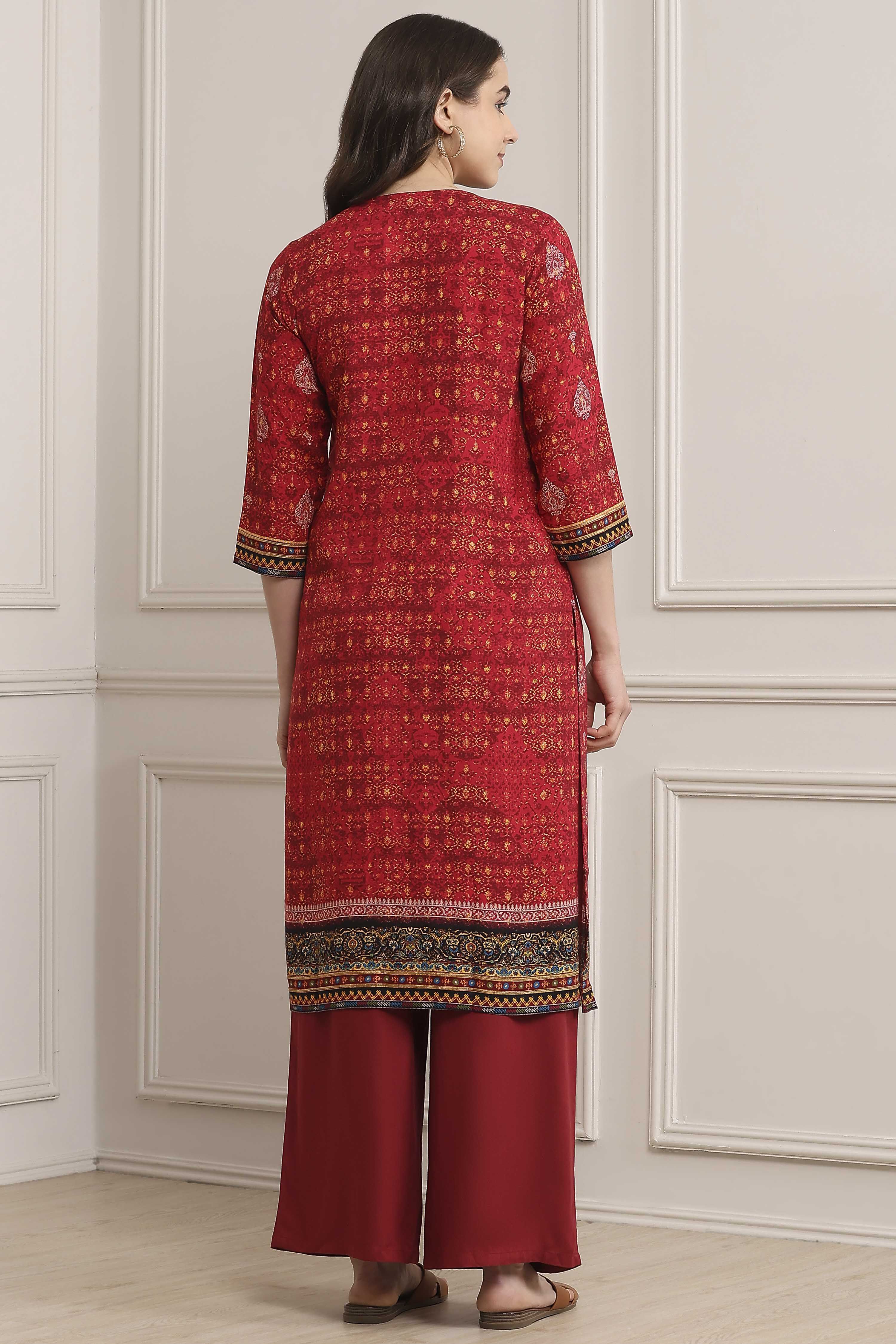 Red LIVA Straight Printed Kurta image number 3