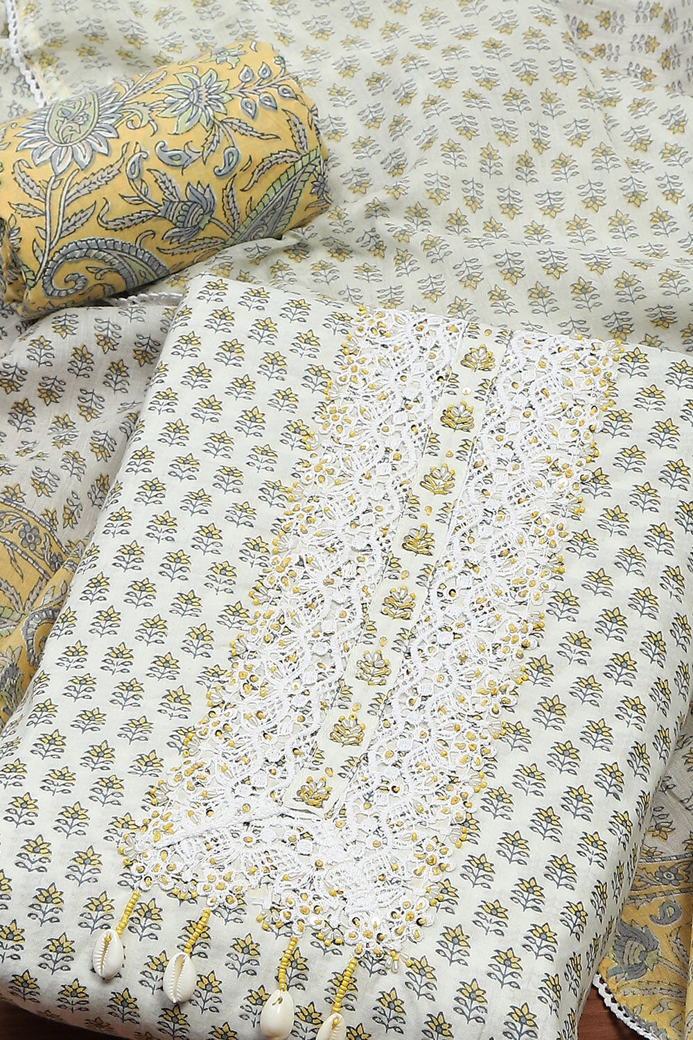 Yellow Cotton Printed Unstitched Kurta Set image number 1