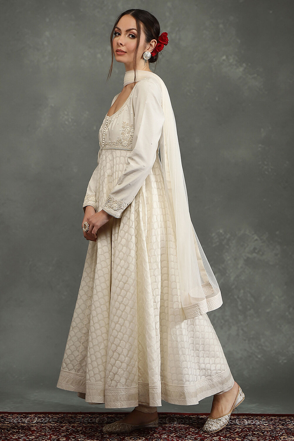 Cream-Toned Silk Chanderi Floral Anarkali Suit Set image number 5