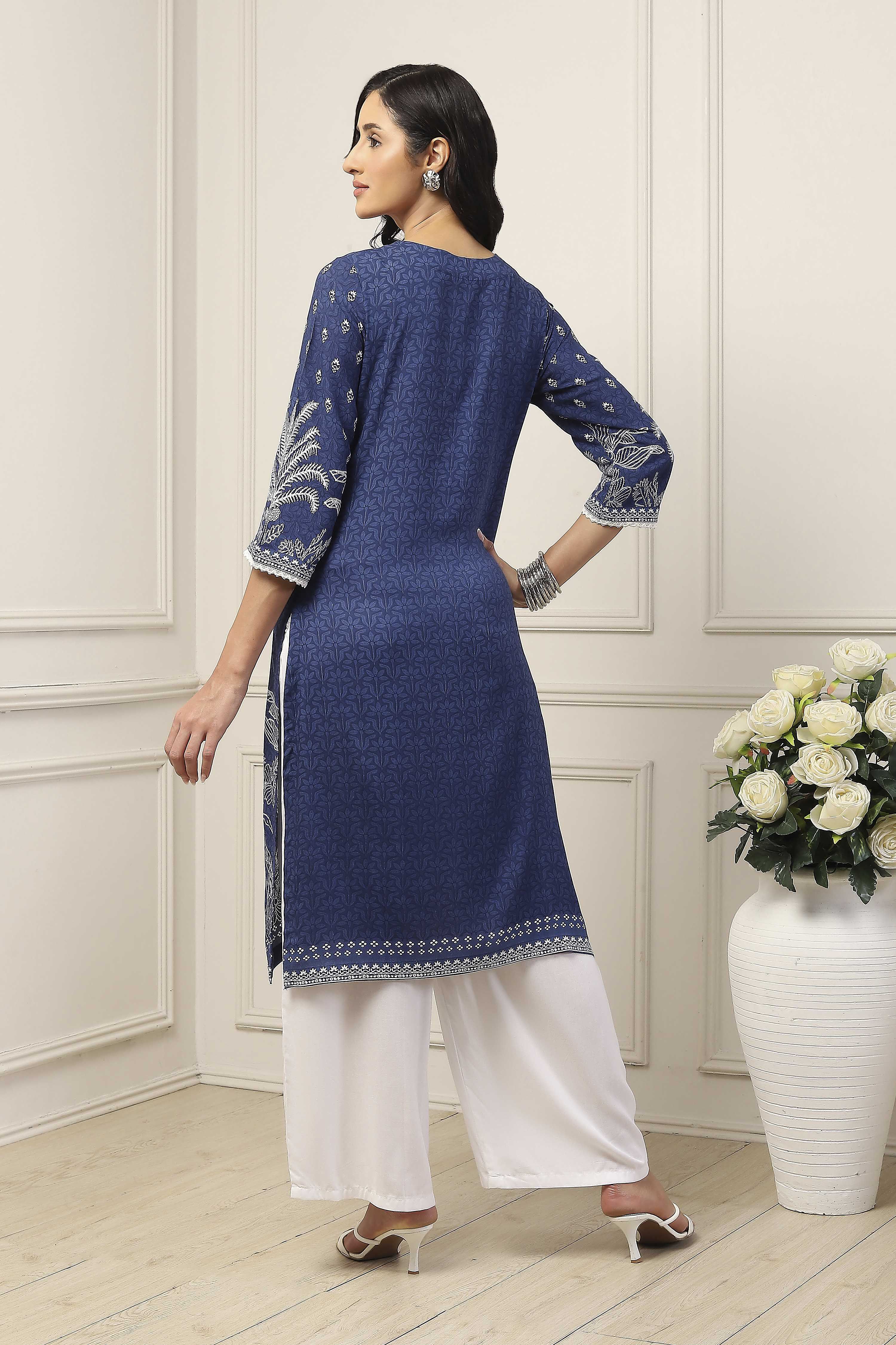 Blue Viscose Rayon Floral Printed Straight Kurta image number 3