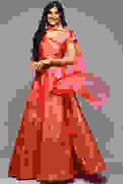 Coral Pink Cotton Blend Lehenga Set image number 7