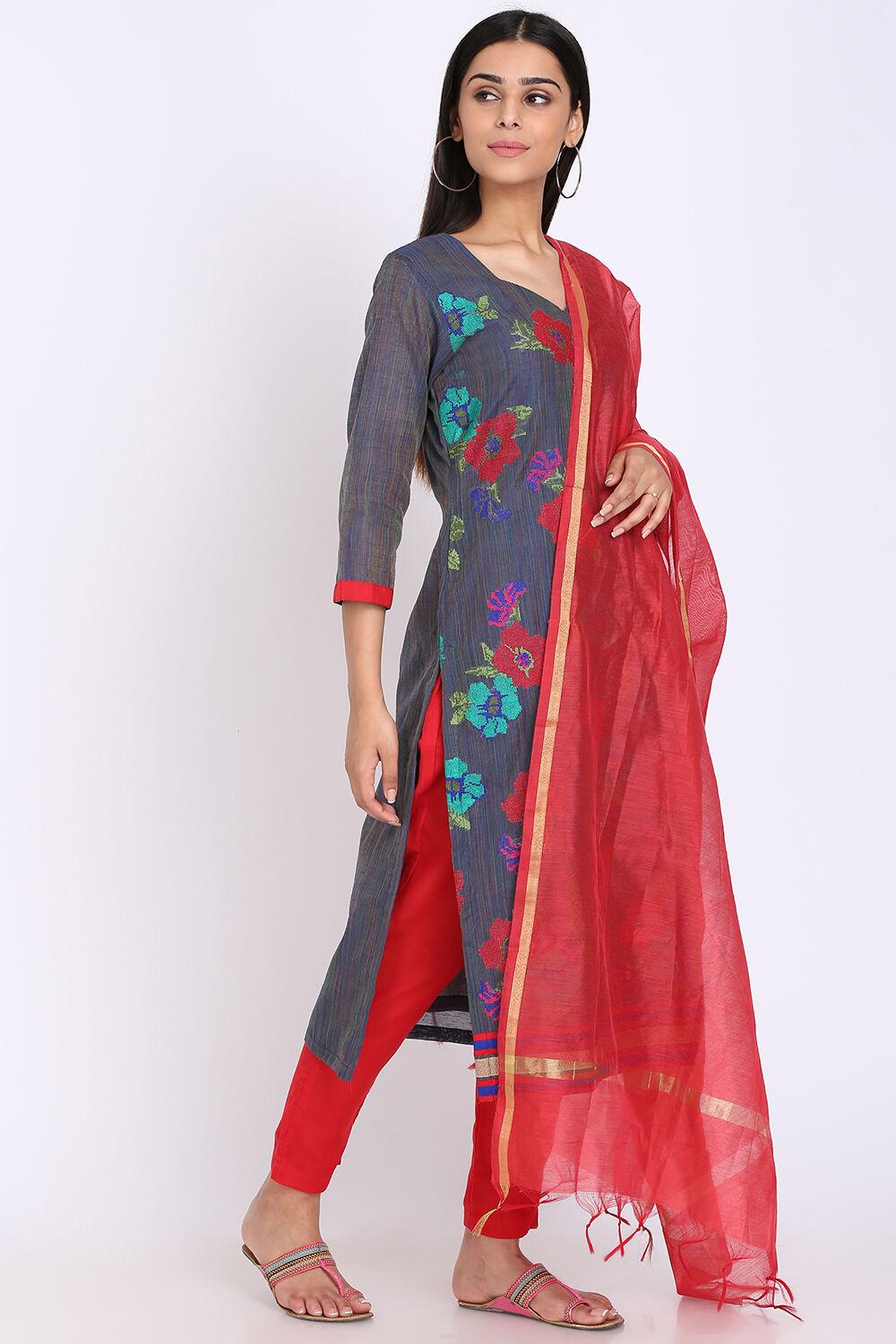 Yellow Chanderi Hand Embroidered Unstitched Suit Set image number 4