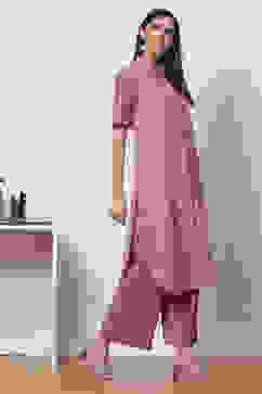 Pink Clay Cotton Straight Fusion Yarndyed Kurta Set image number 5