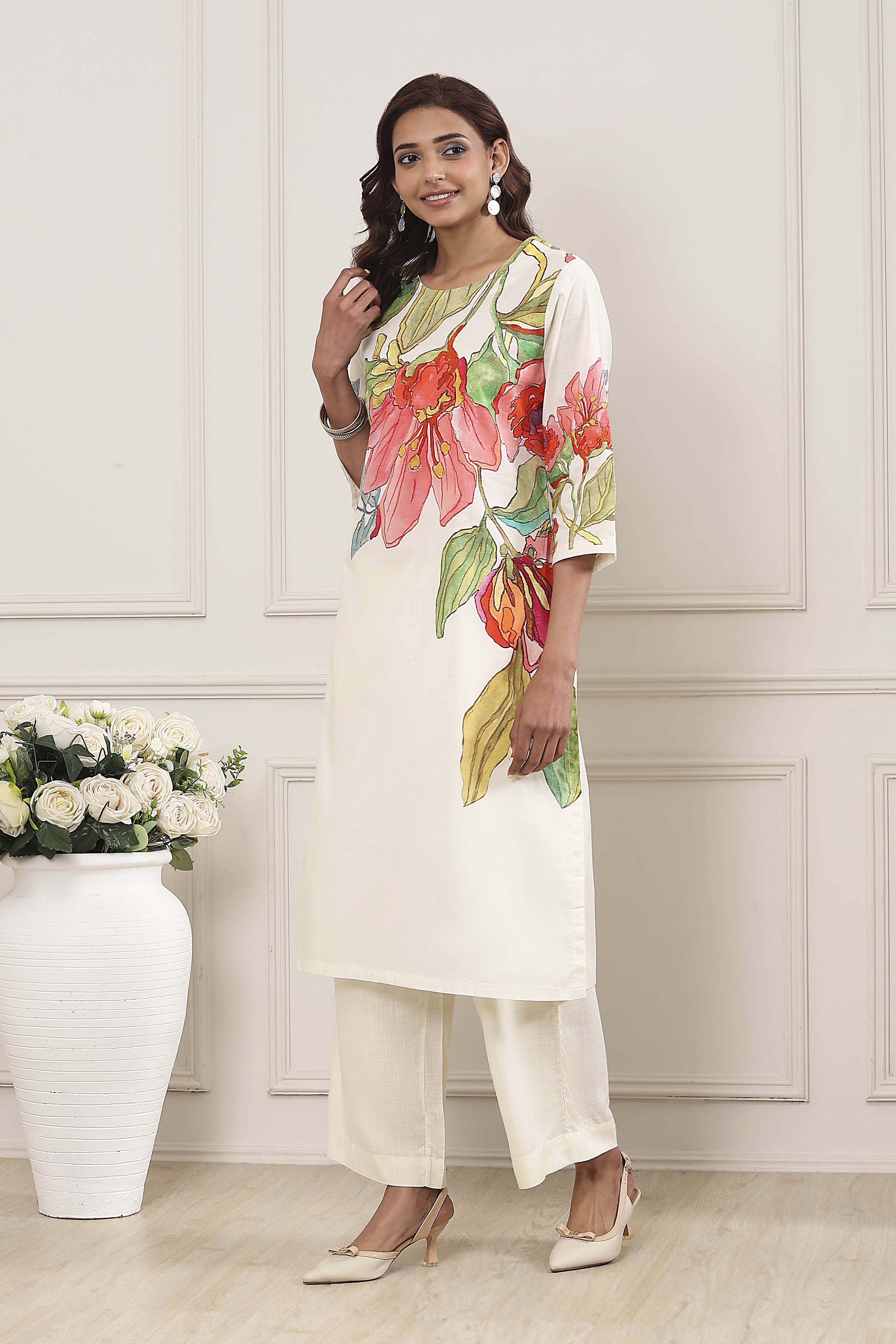 Beige Cotton Floral Printed Straight Kurta Set image number 3