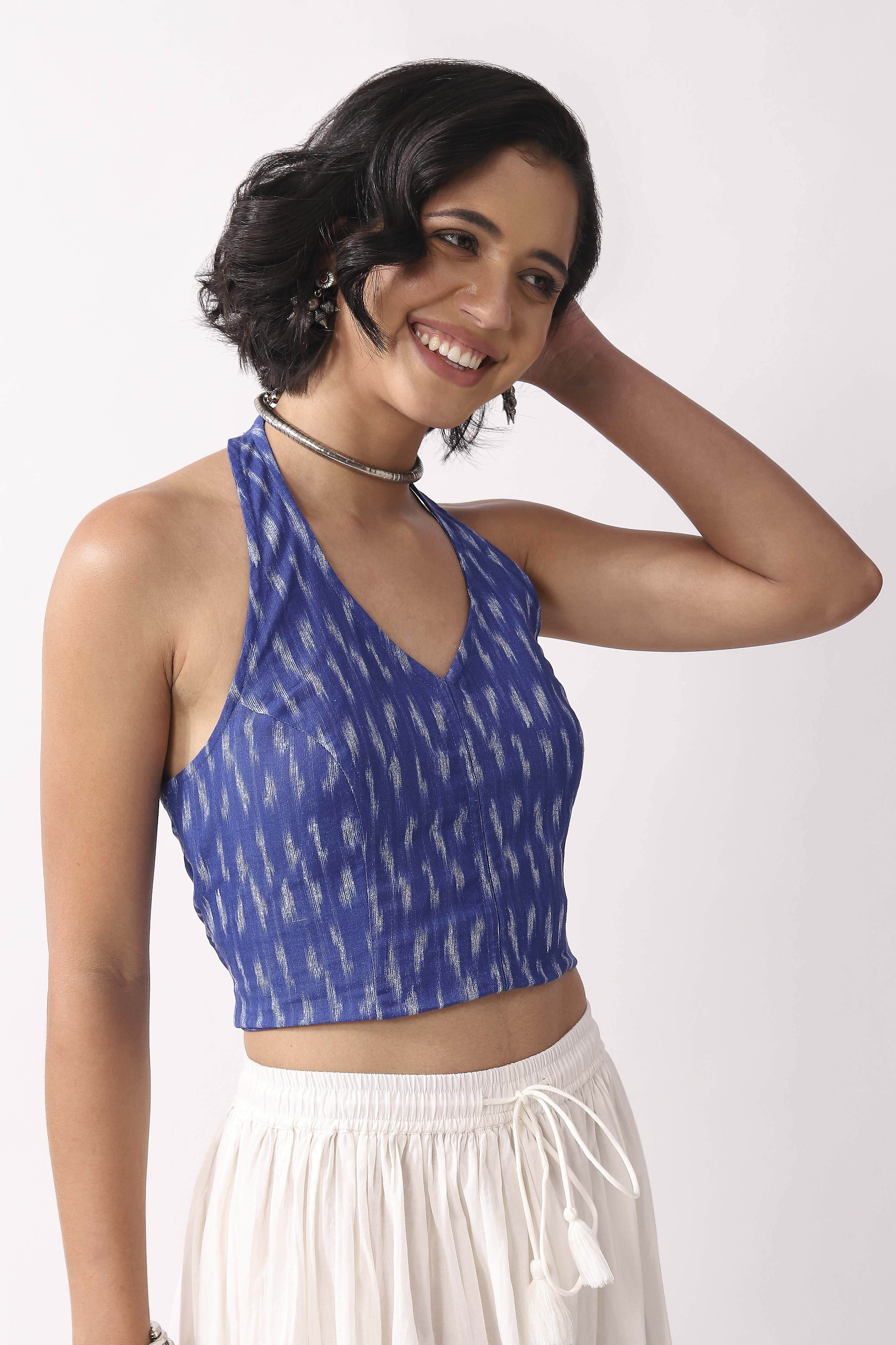 Royal Blue Cotton Abstrast Smocked Back Crop Top image number 0
