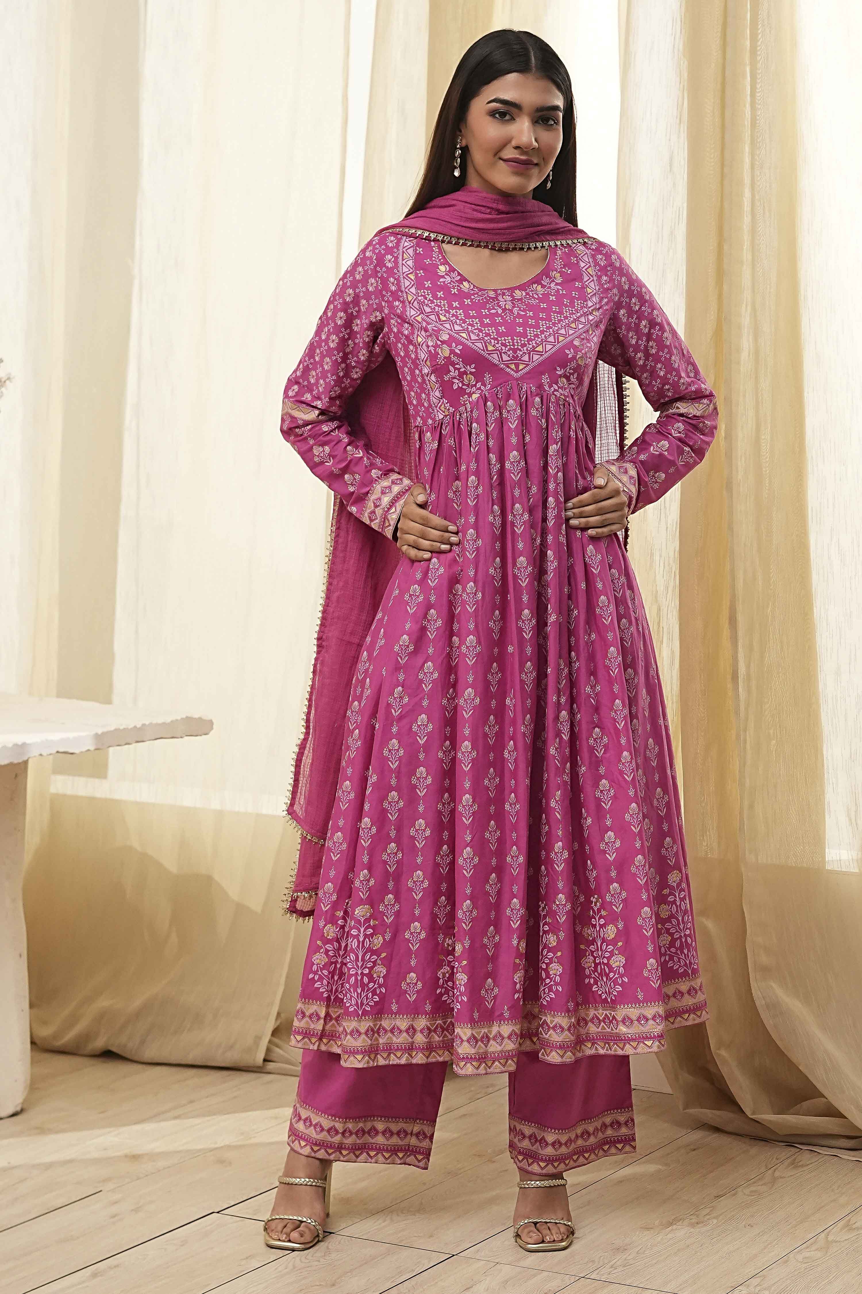 Onion Pink Cotton Printed Anarkali Suit Set image number 5