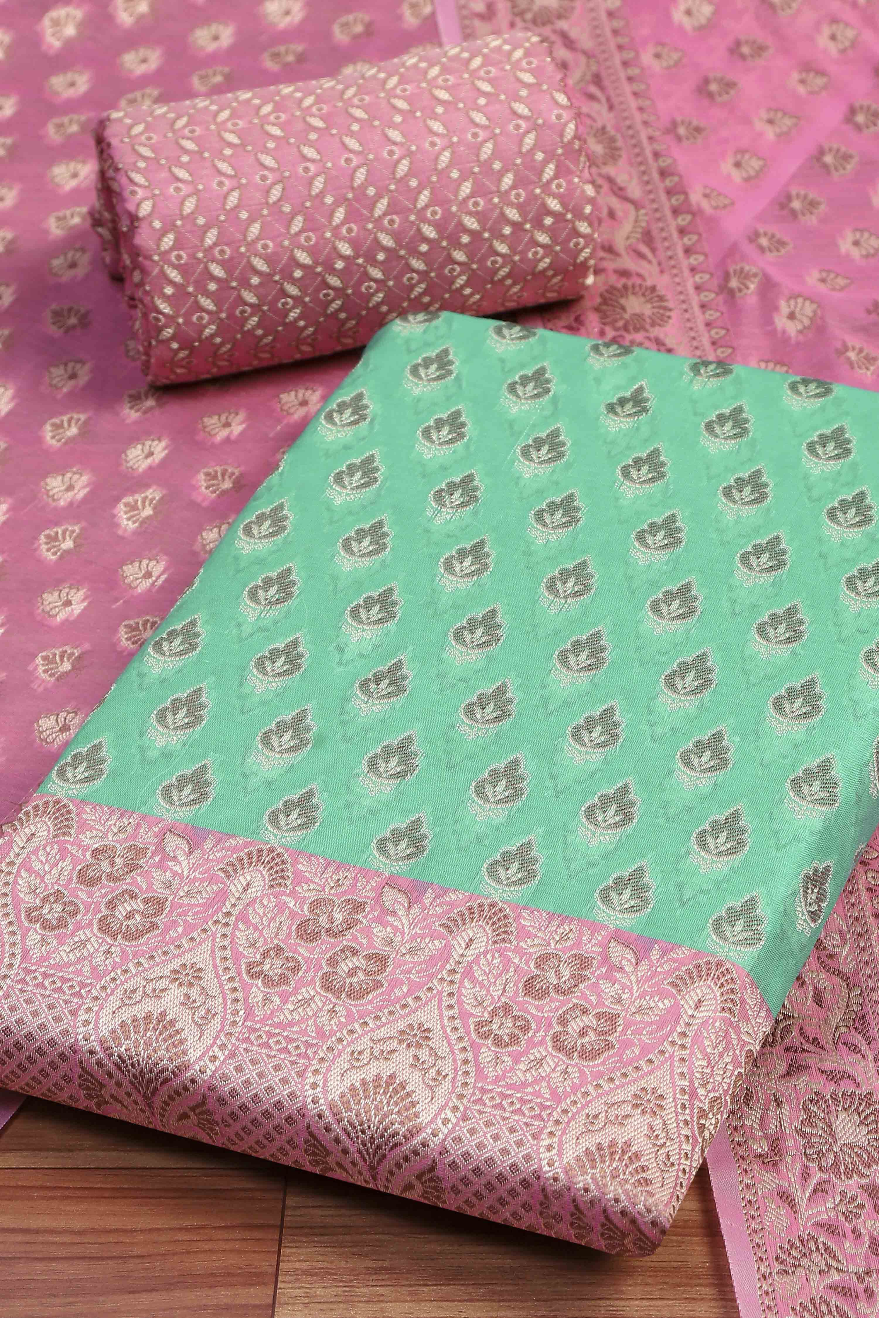 Rose Green Cotton Printed Embroidered Unstitched Suit Set image number 1