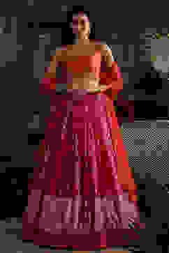 Pink and Orange Chanderi Jacquard Lehenga Set image number 0