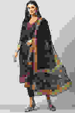 Charcoal Cotton Straight Kurta Slim Pant Suit Set image number 5