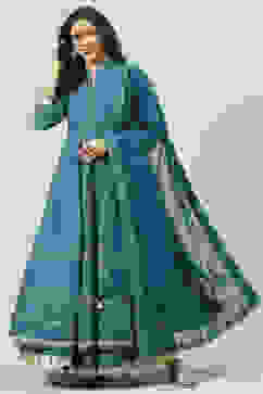 Teal Cotton Anarkali Kurta Skirt Suit Set image number 0