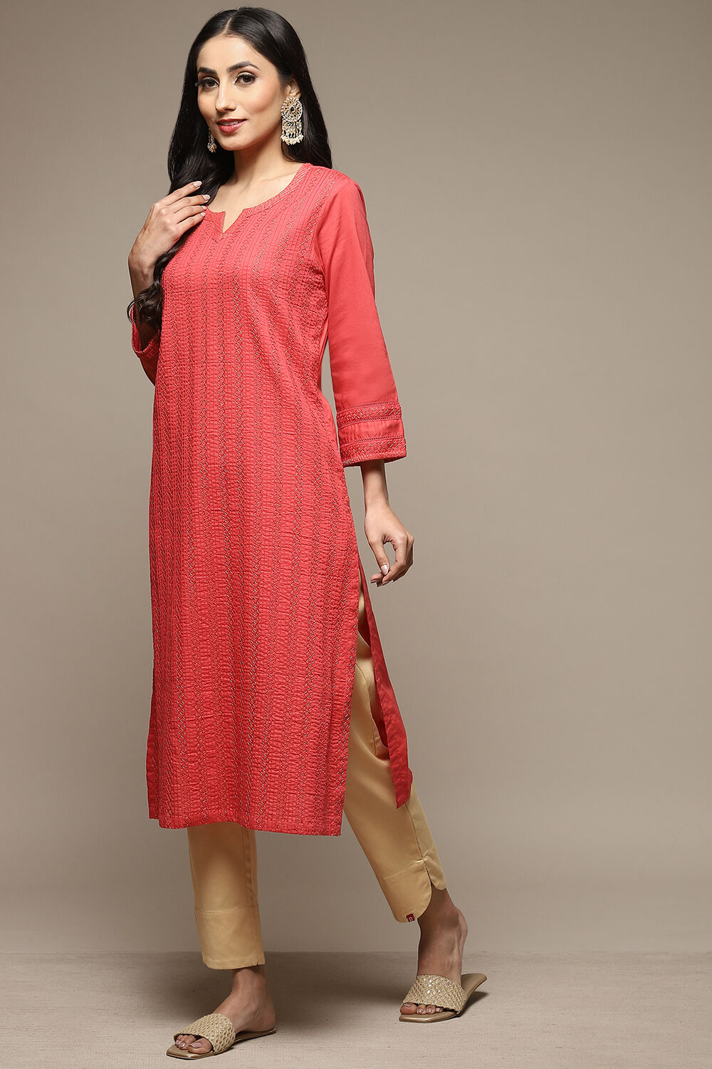 Off White Cotton Straight Kurta image number 3