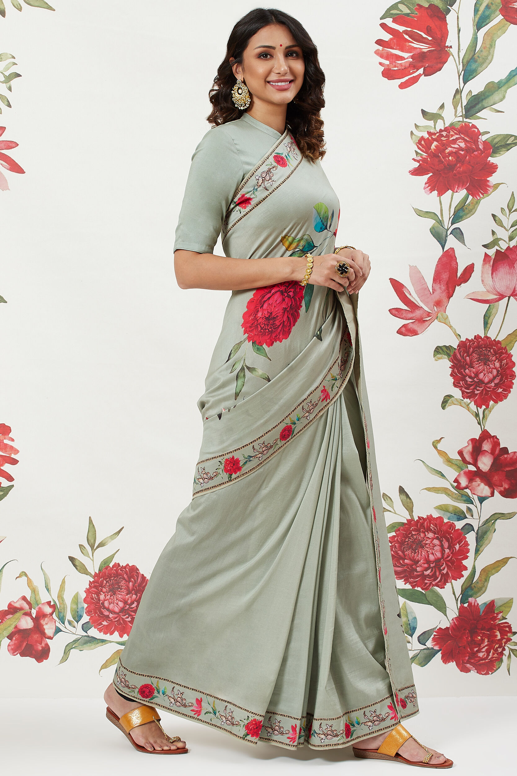 Green Chanderi Silk Printed Saree With Blouse image number 3