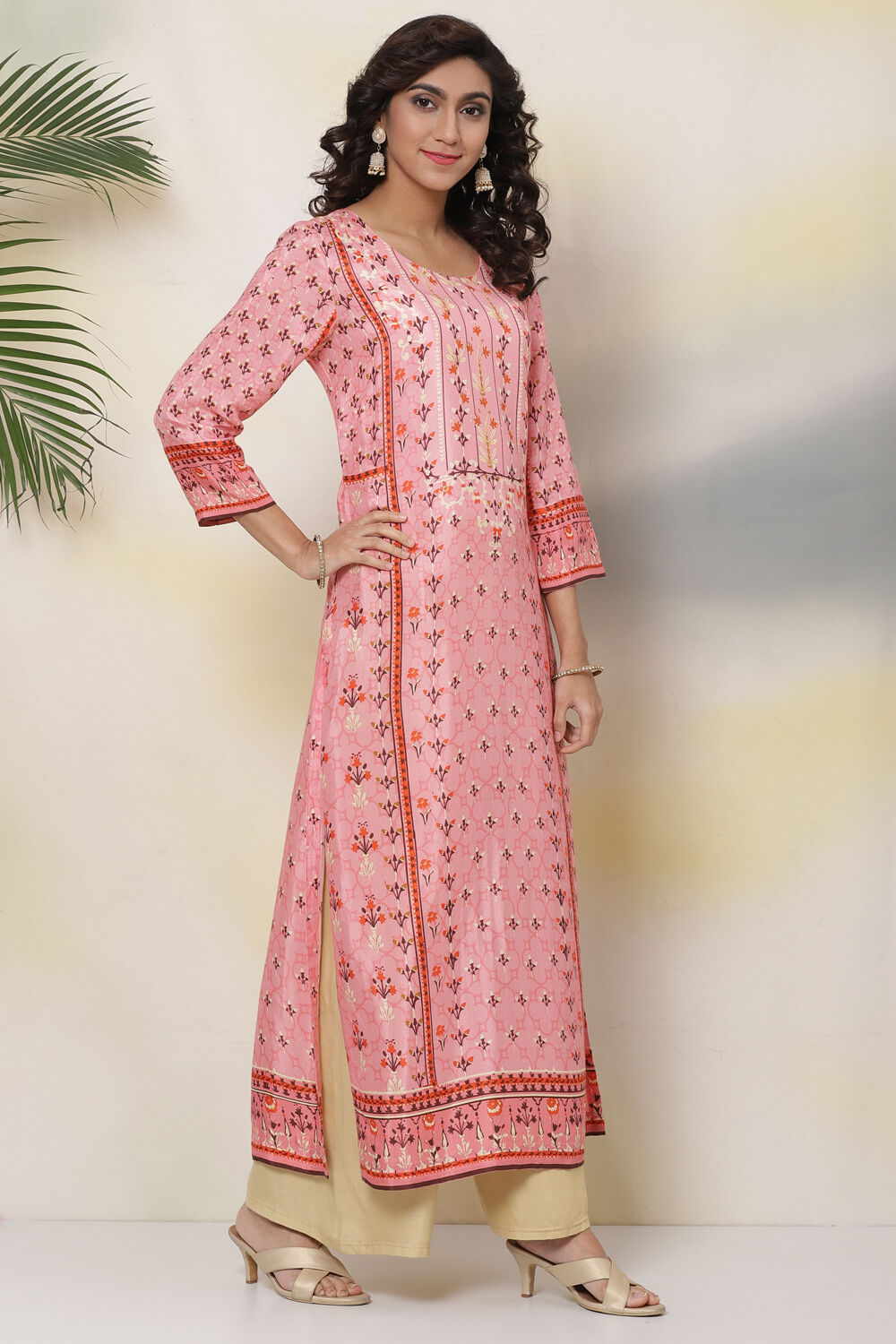 Pink Art Silk Straight Kurta image number 3