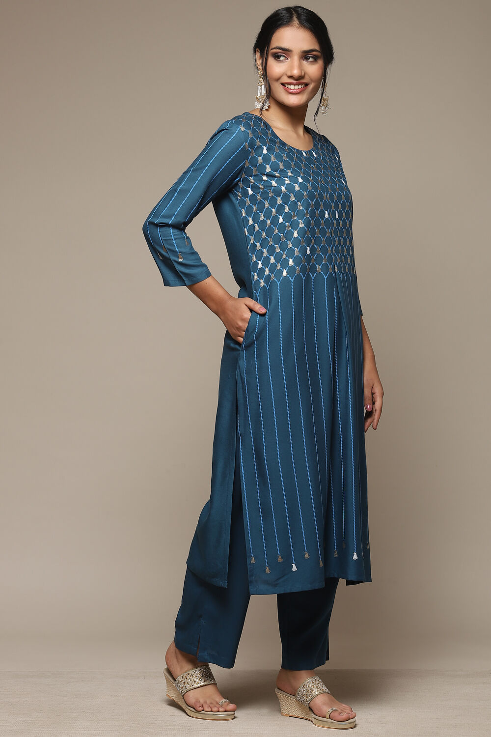 Blue Rayon Straight Kurta Pant Suit Set image number 5