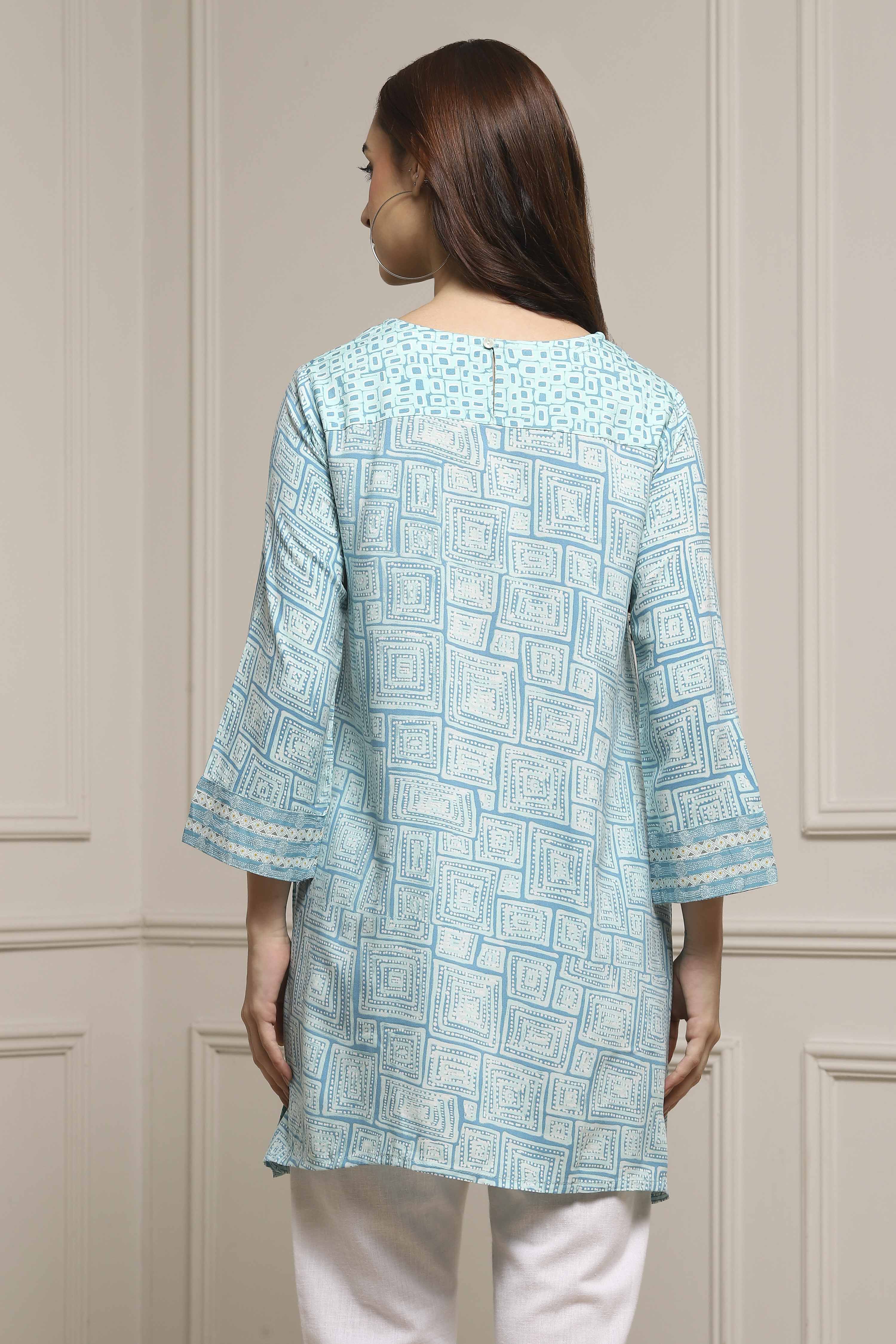 Aqua Blue Rayon Printed Kurti image number 3