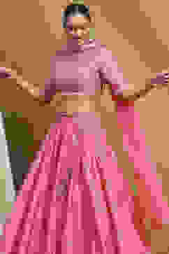 Coral Cotton Blend Embroidered Lehenga Set image number 1