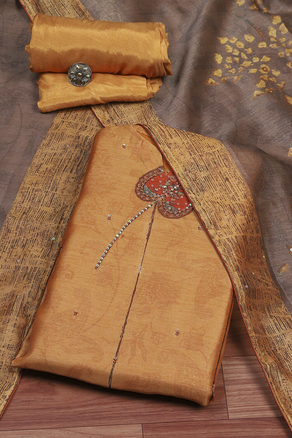 Rust Chanderi Unstitched Suit Set image number 0