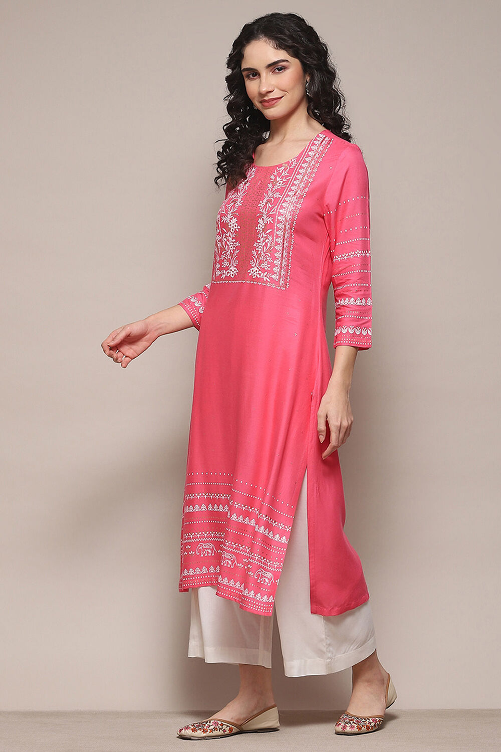 Pink Rayon flax Relaxed Kurta Palazzo Suit Set image number 3