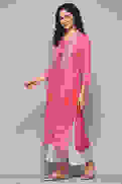 Pink Rayon flax Relaxed Kurta Palazzo Suit Set image number 3