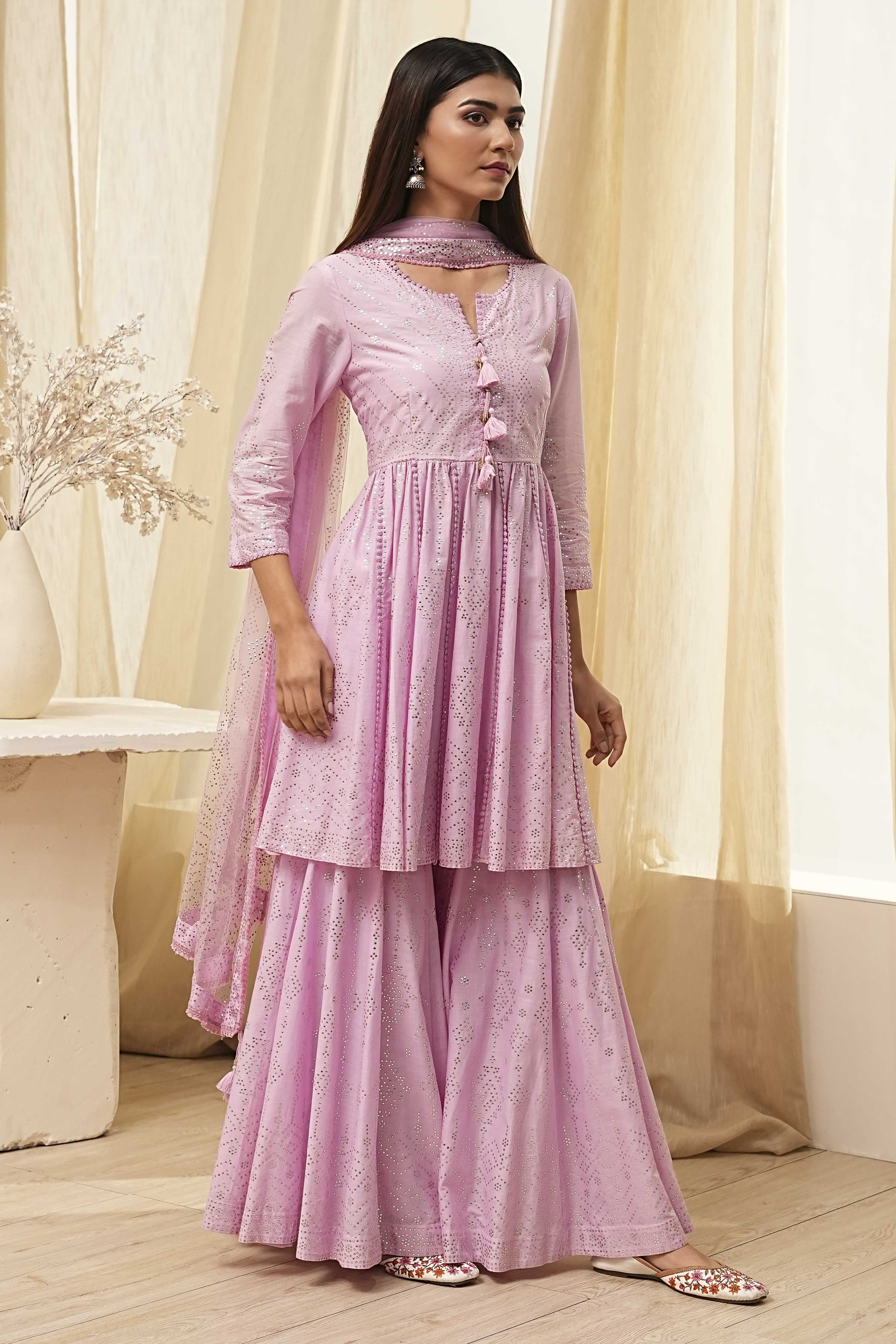 Off-White Cotton Metallic Flared Suit Set image number 5