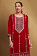 Red Velvet Embroidered Straight Kurta Set image number 1